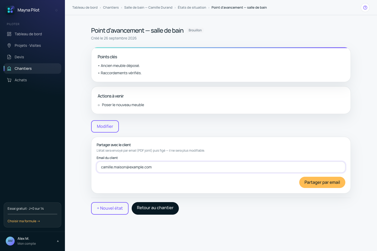 Le compte rendu rassemble les points clés et les actions à venir, puis se partage au client par email avec son PDF.